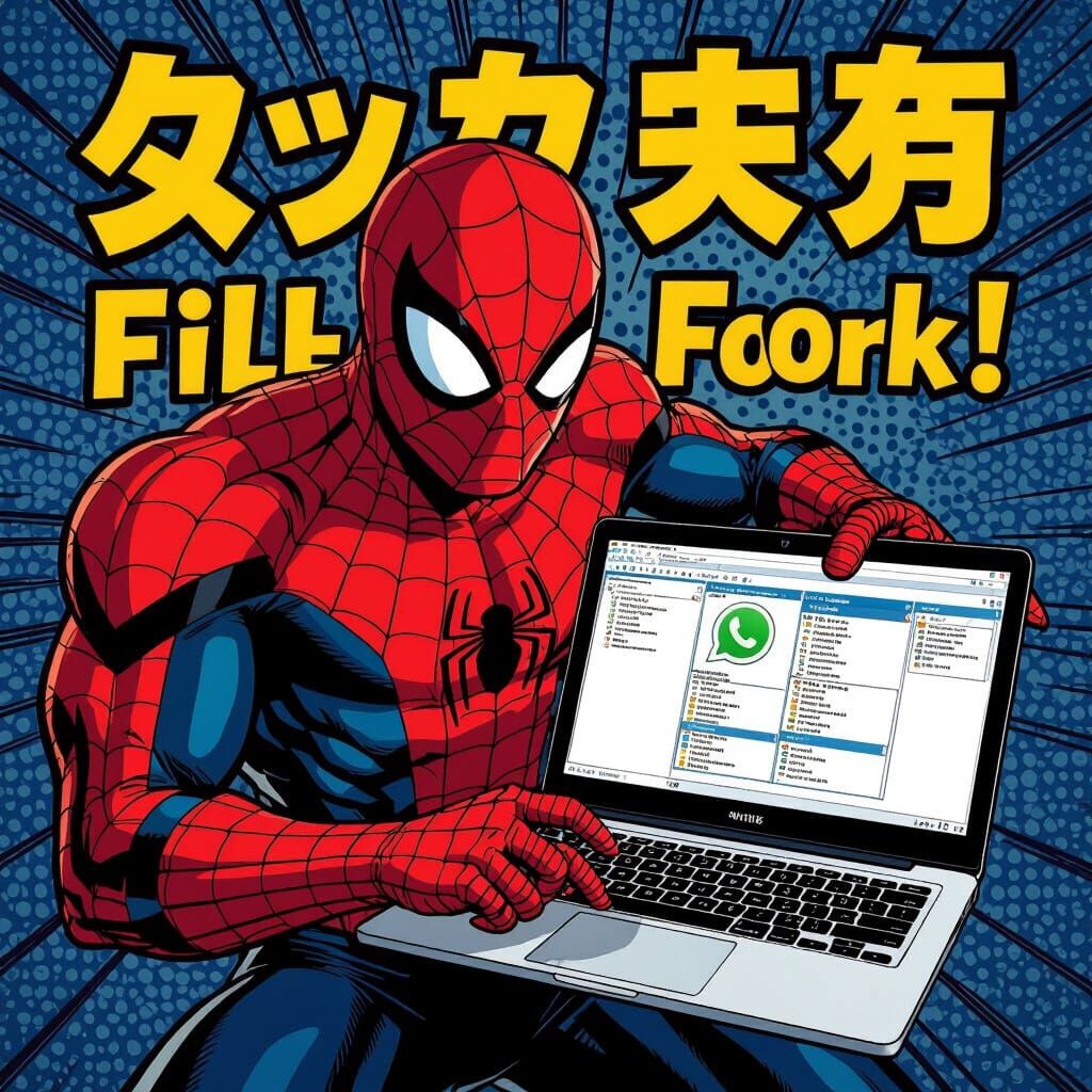 Spider-Man in May Outfit with Japanese Laptop Message