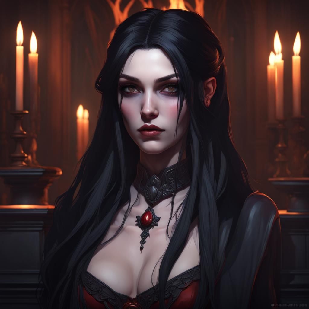 Gothic Vampire Girl Portrait in Dark Room