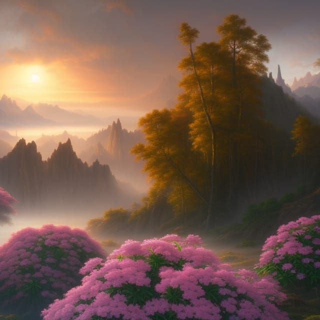 Heavenly Amaryllis Flowers on Misty Mountainside