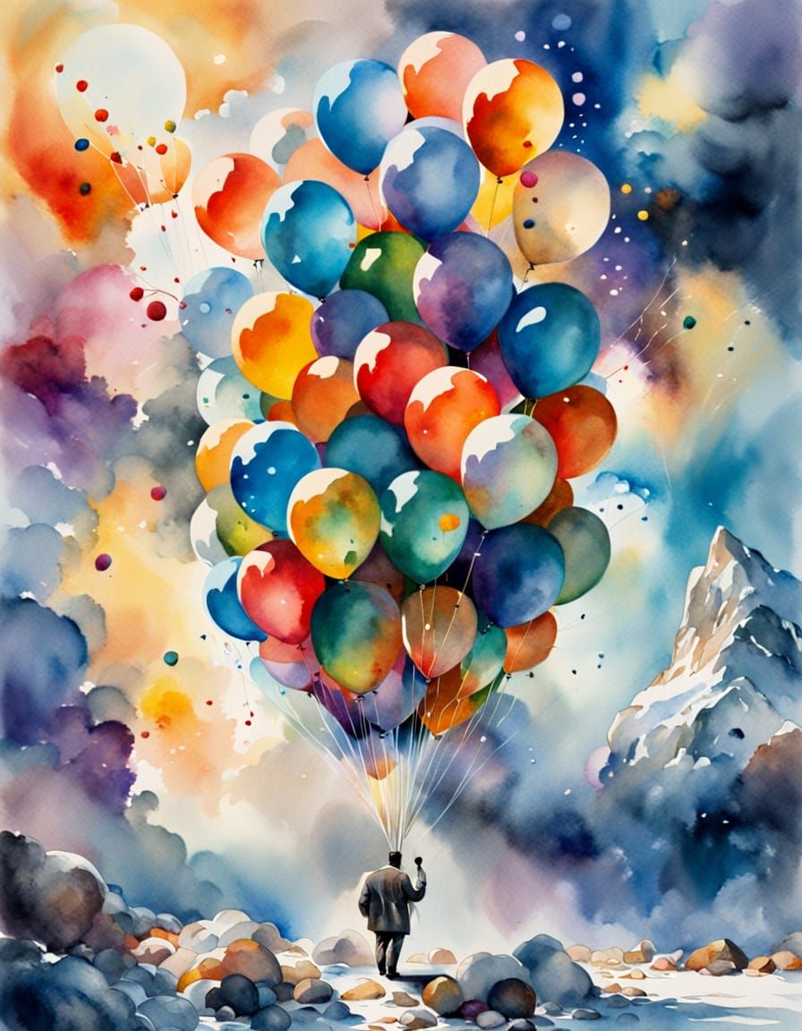 Balloons Float Over Arctic in Watercolor Painting