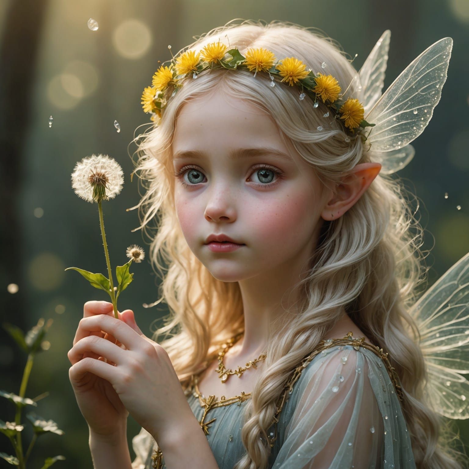 Young fairy with dandelion in her hand.