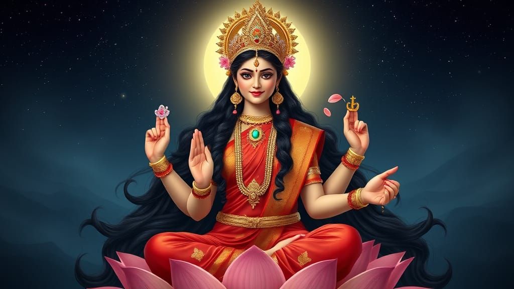 Ethereal Hindu Goddess in Traditional Sari with Intricate Em...