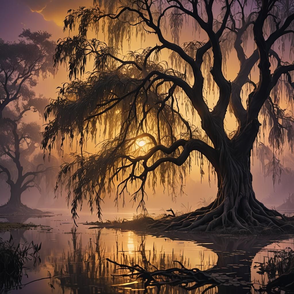 Mystical Willow Tree at Sunset in Dark Fantasy Art
