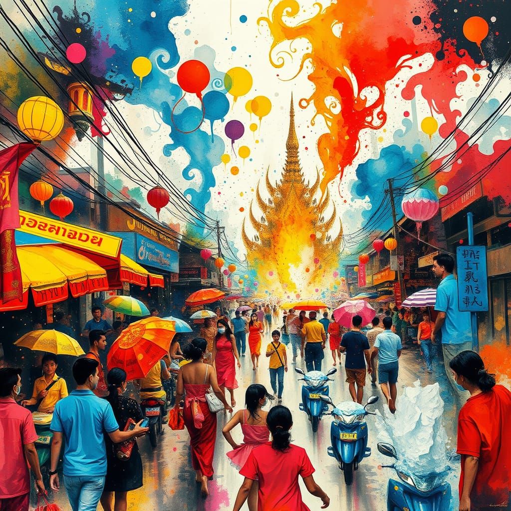 Dreamlike Songkran Festival in Vibrant, Abstract Surrealist ...