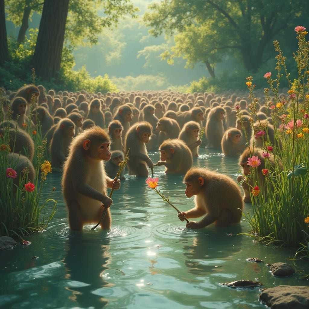 Monkeys Fishing in a Serene Surreal Pond Scene