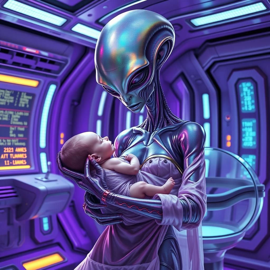 An iridescent alien midwife holds a tiny human baby in a spa...