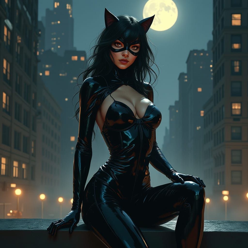 Catwoman in Art Nouveau-Inspired Liquid Silver Catsuit