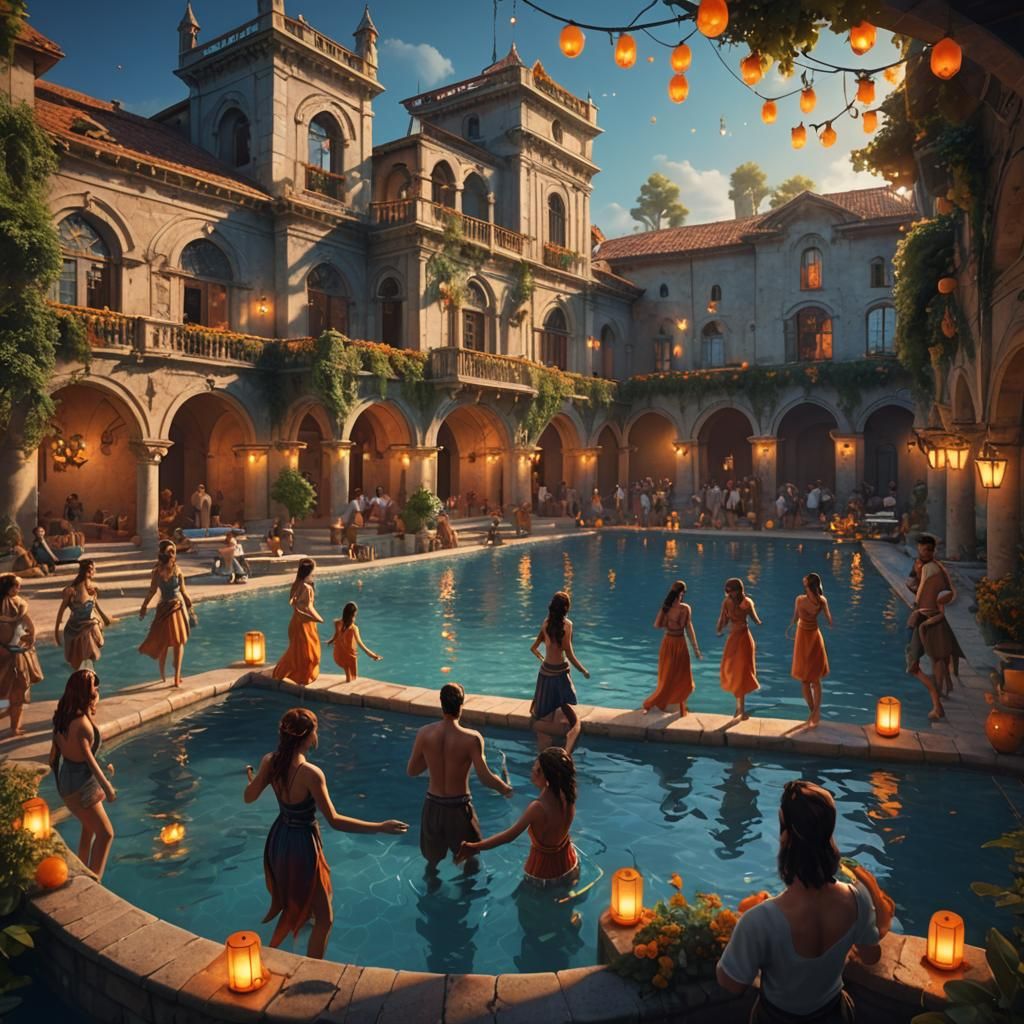 Pool Party in Renaissance Style: Fantasy Concept Art