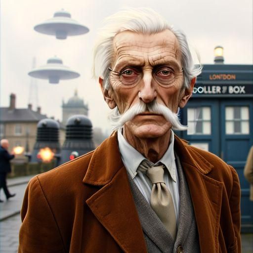 Peter Cushing as Doctor Who with white moustache