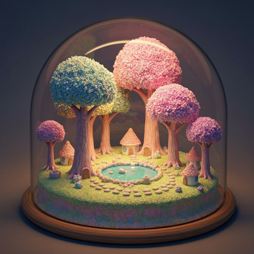 Miniature Clay Woodland Scene in Glass Dome