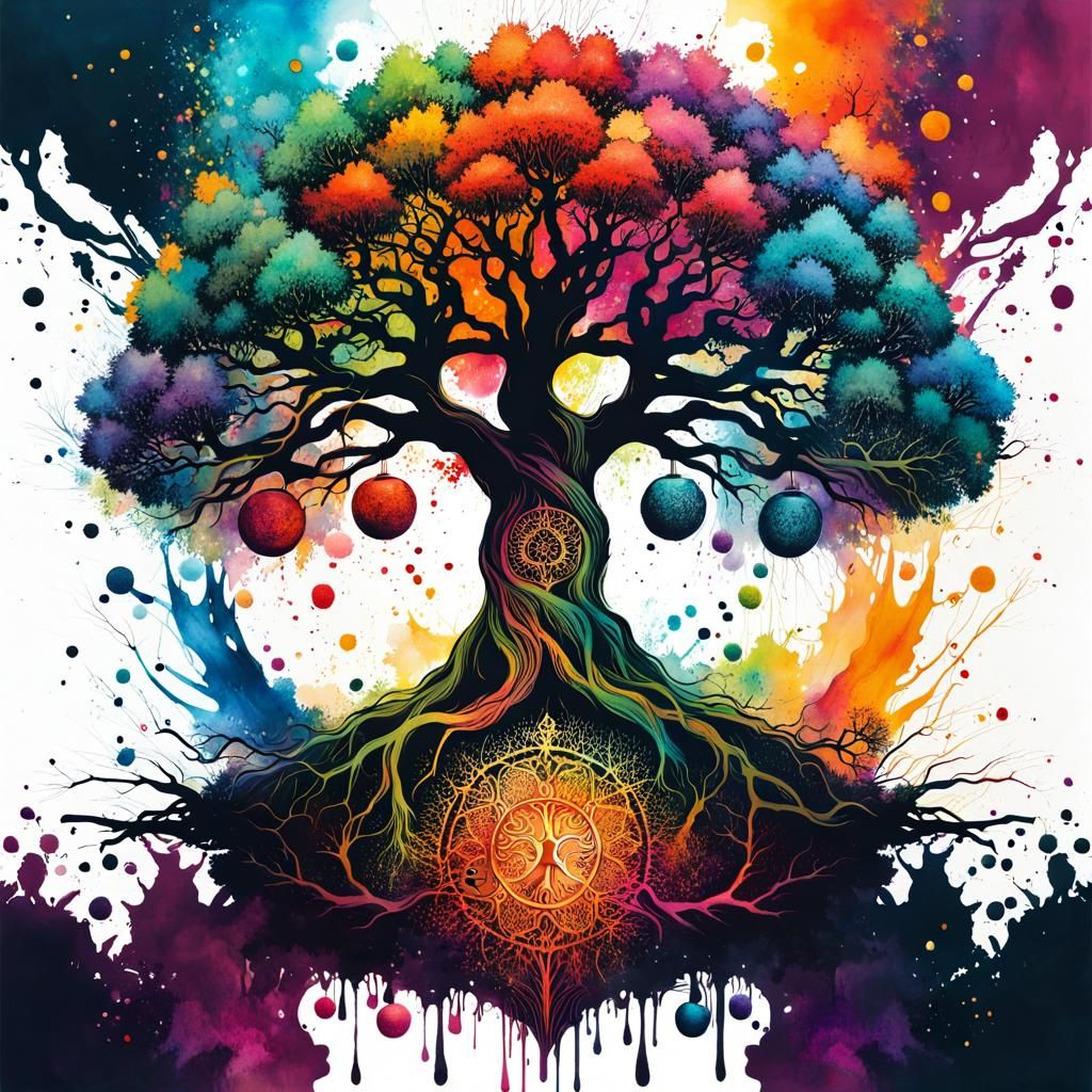 Yggdrasil Tree of Life Ink Splatter Painting