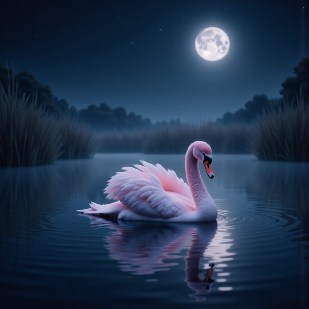 Pink Swan Swimming on Reflective Lake Under Moonlight