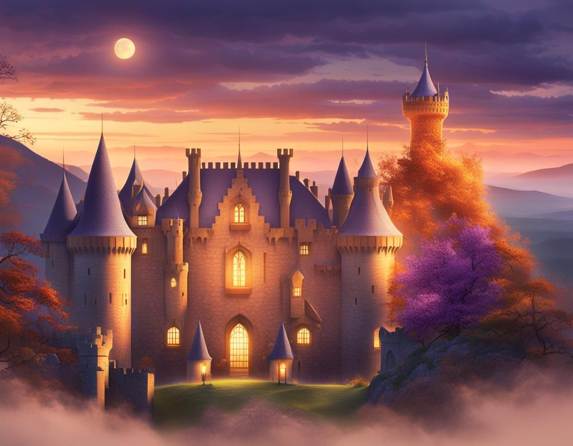 Scottish Castle in Misty Landscape at Golden Hour