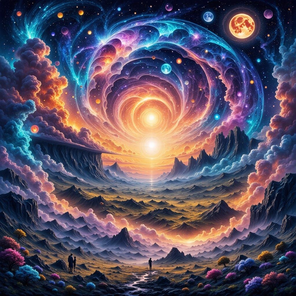 Surreal Landscape with Cosmic Night Skies and Sculpted Cloud...