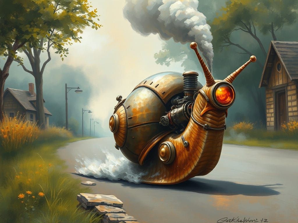 Steampunk Snail Races Through Countryside