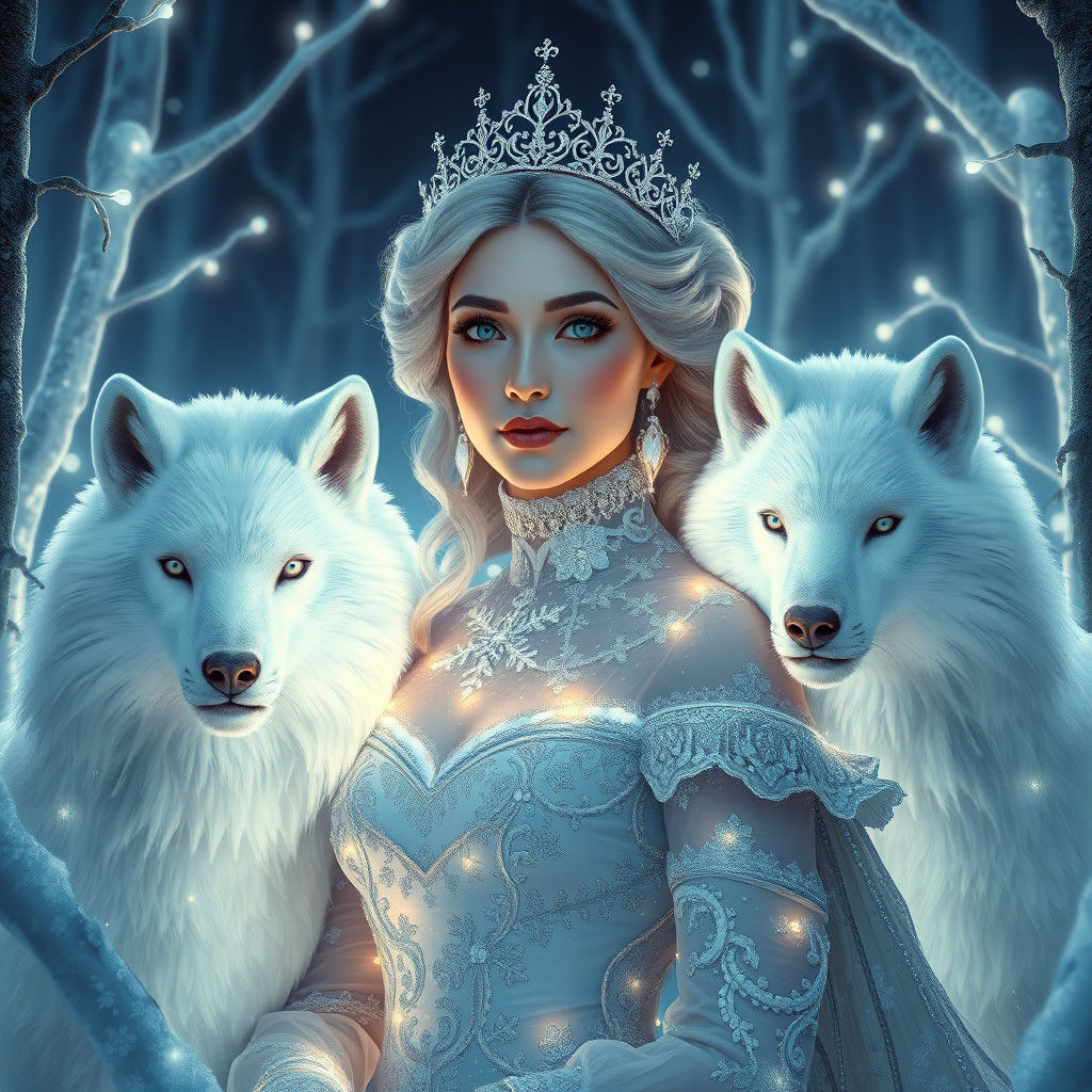 Snow Queen in Bioluminescent Forest, Art Nouveau Style