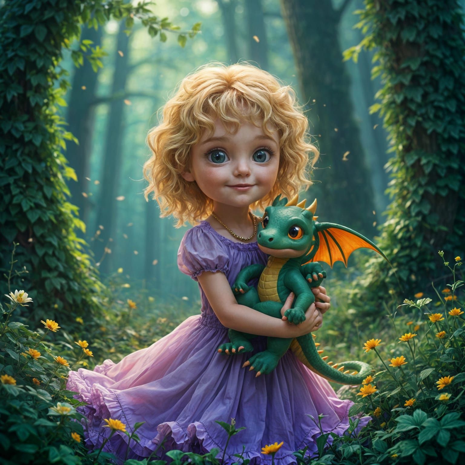Blonde Girl Tenderly Holds Newborn Dragon in Enchanted Fores...
