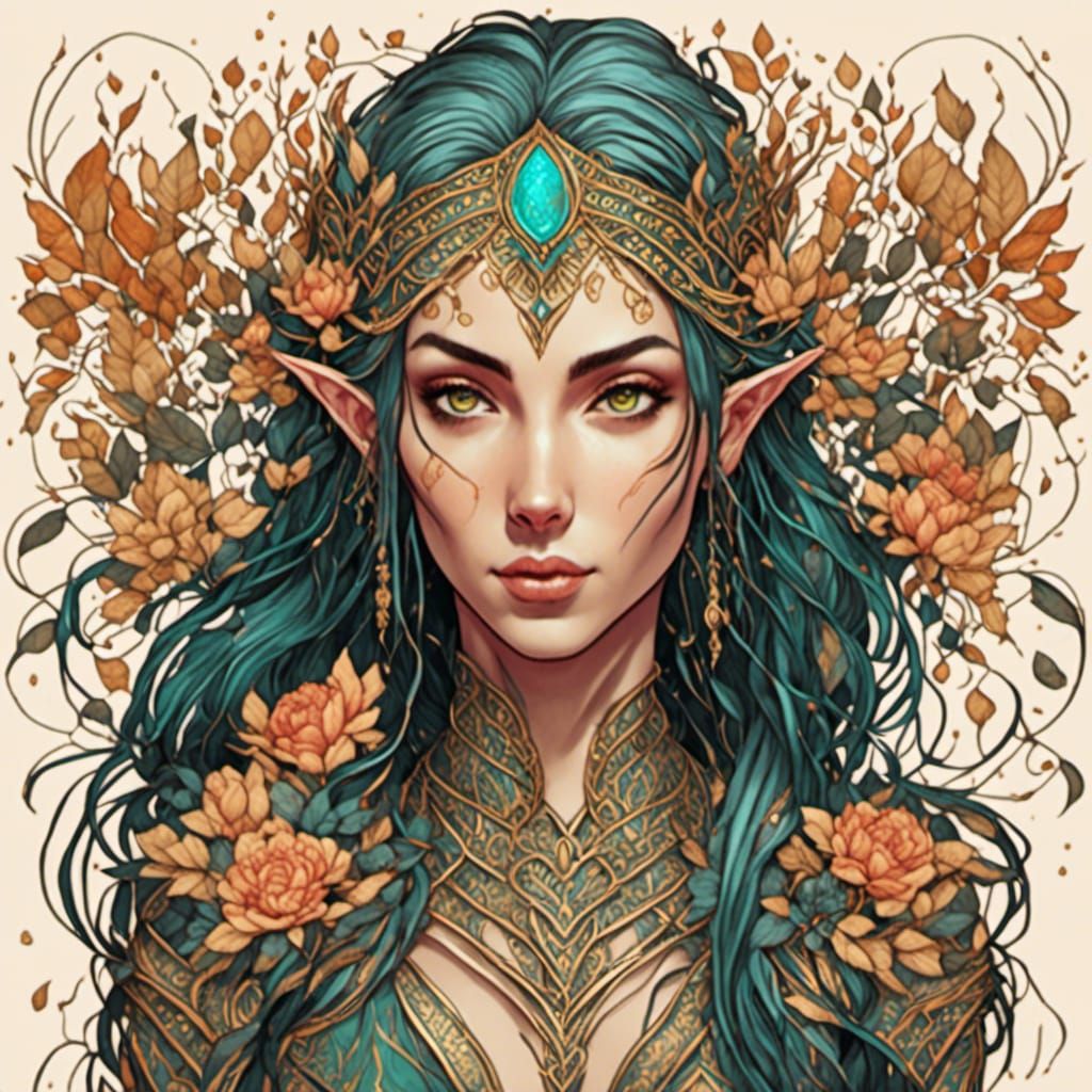 High Elf Portrait with Intricate Floral Details