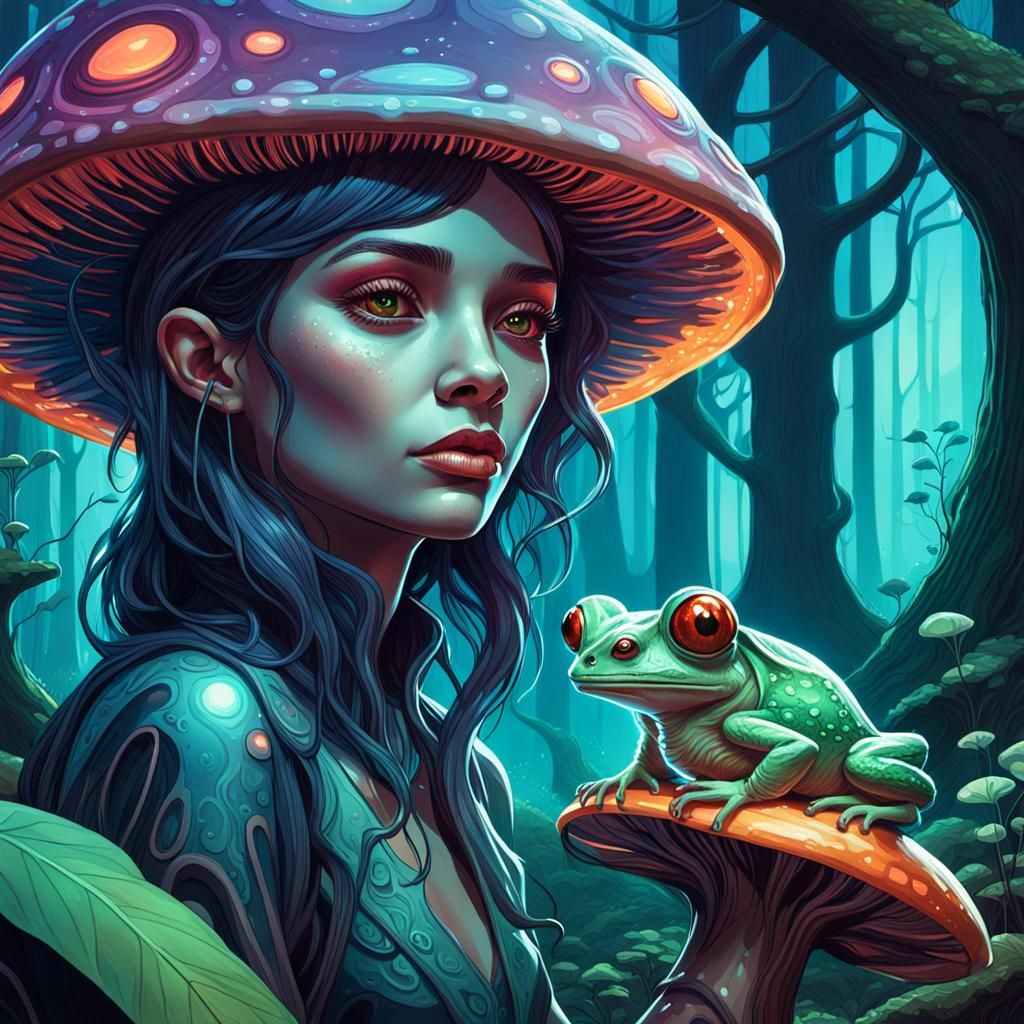 Frog-Faced Alien Woman in Mystical Forest