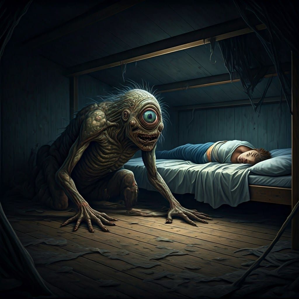 Grotesque One-Eyed Demon Emerges from Under Bed