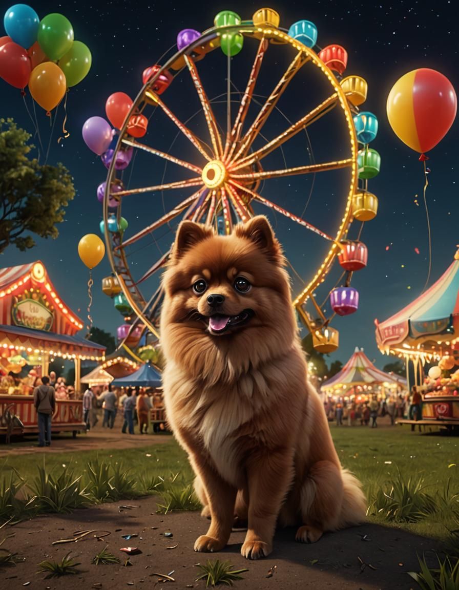 Pomeranian at Night Fair: Detailed Matte Painting