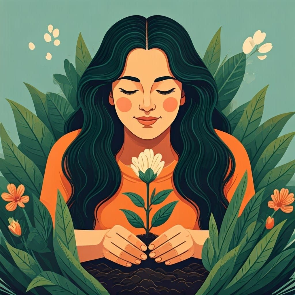 Serene Nature Scene with Woman Planting Flower in a Harmonio...