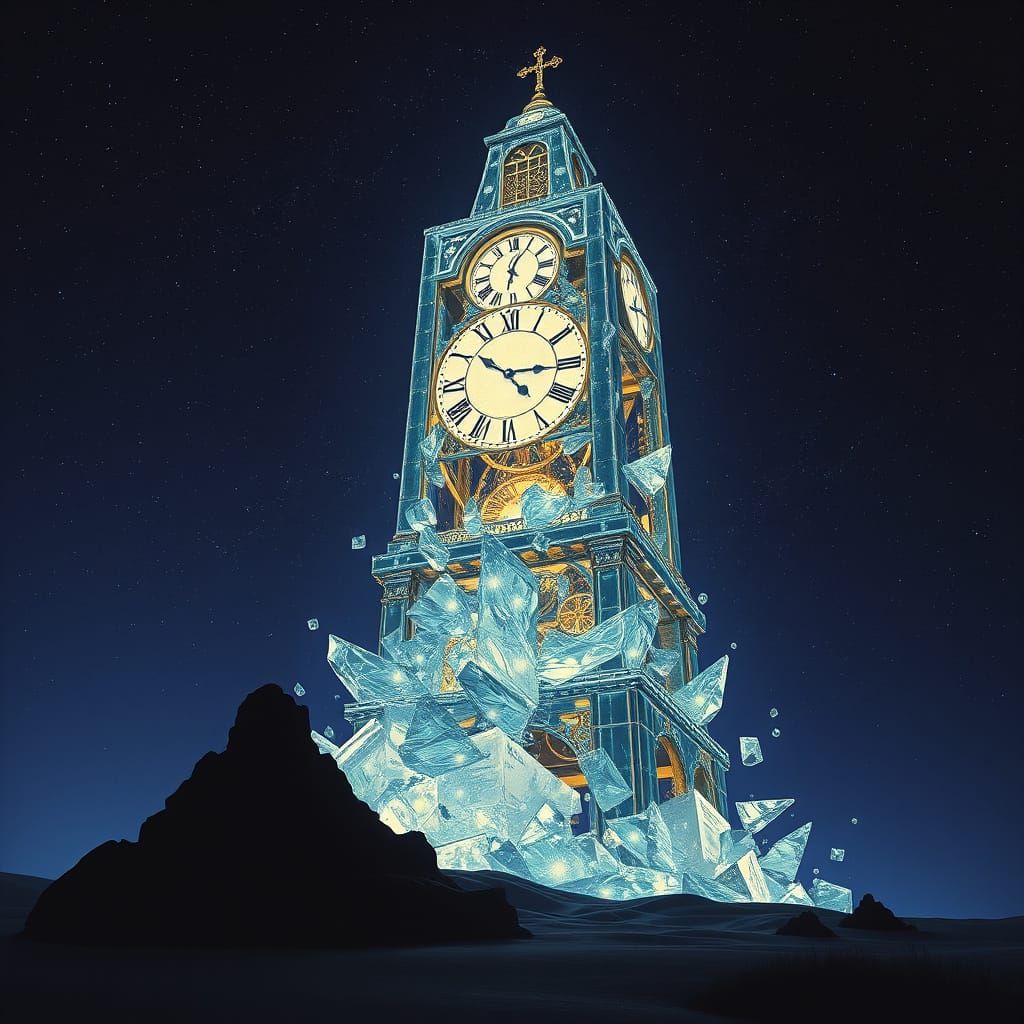 Glass Clocktower Shatters in Dreamlike Surrealism