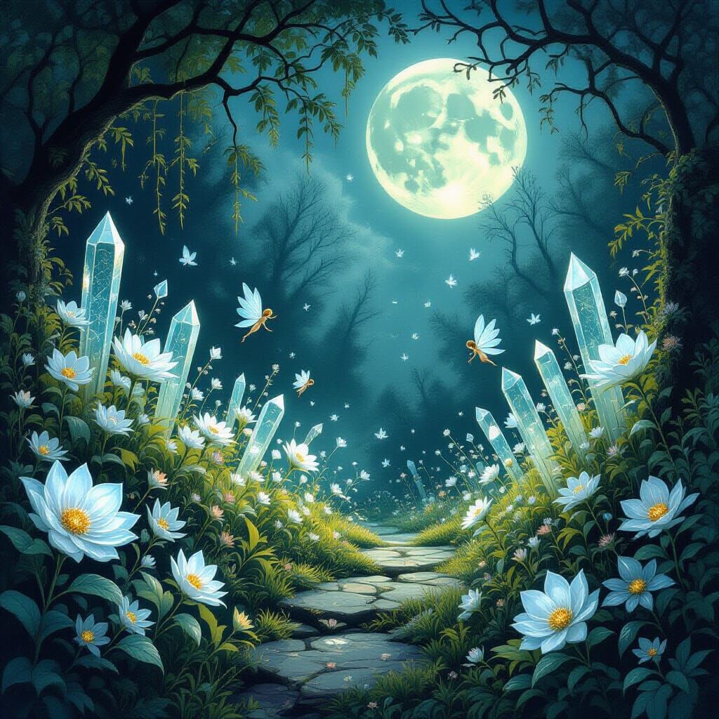Ethereal Fairy Garden With Crystalline Flora Under Moonlight