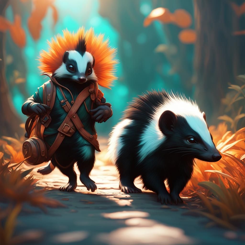 Skunk Family Concept Art in Orange and Teal