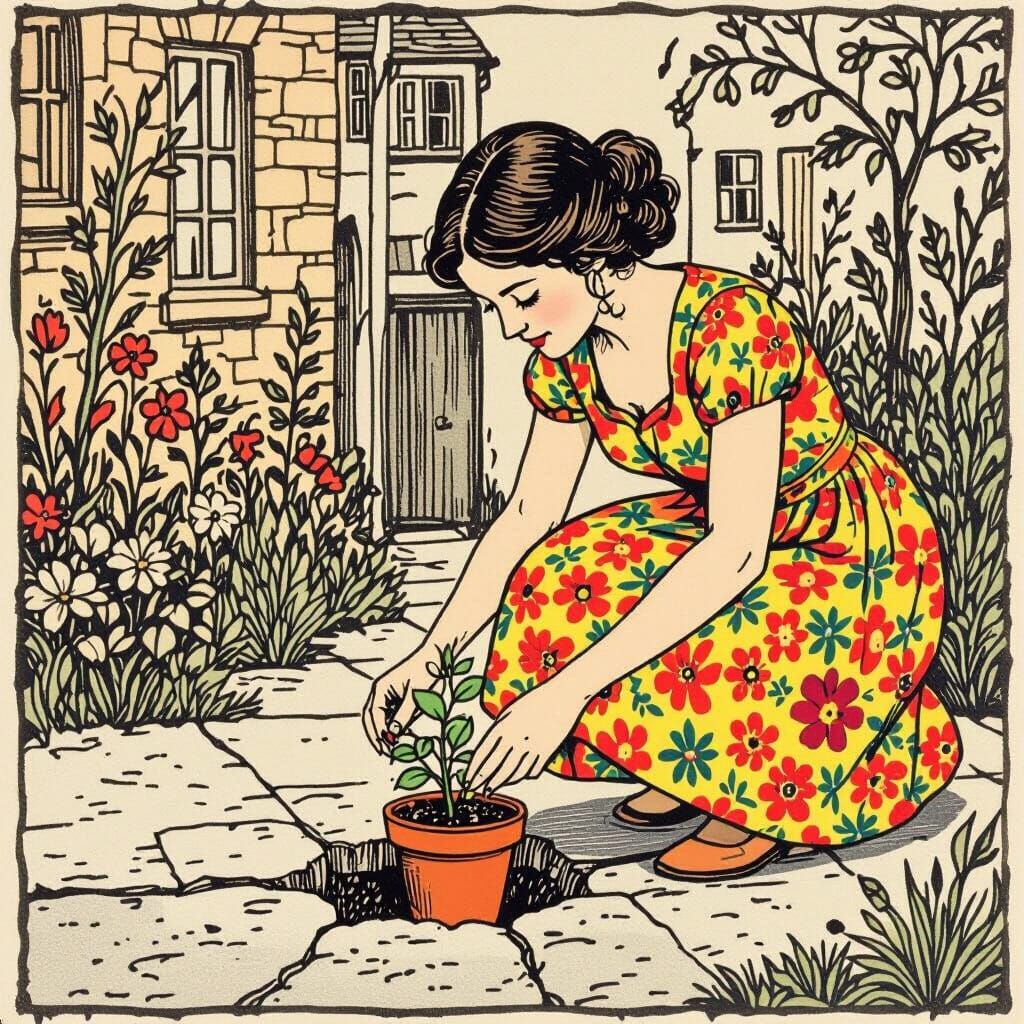 Planting Hope: A Folkloric Woodcut Scene