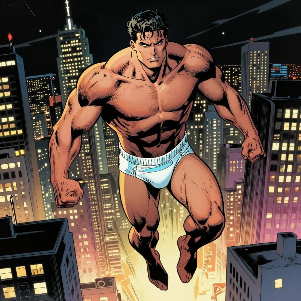 Diaper Man Superhero Soars Through Night Cityscape