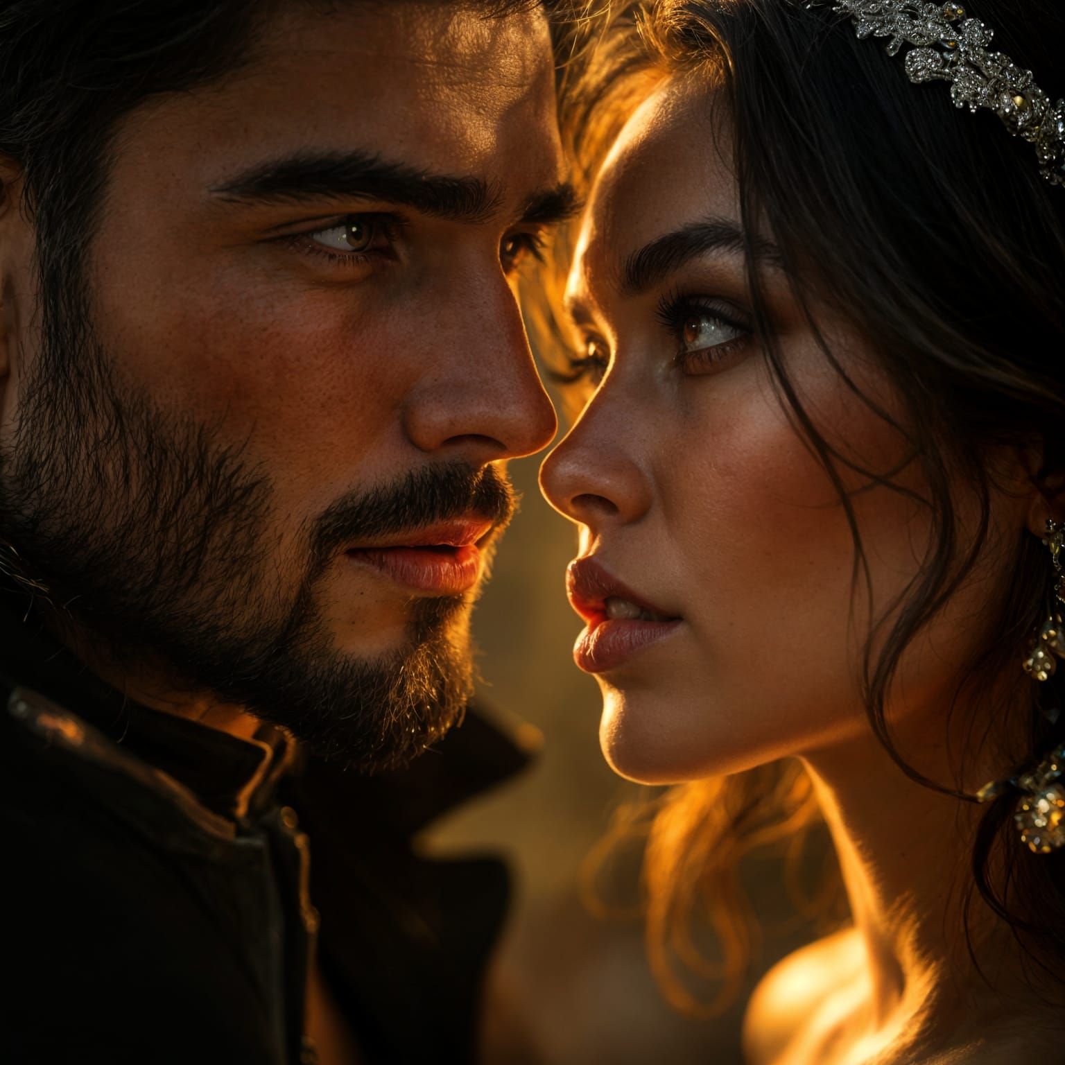 Stunned Portrait of a Handsome Man Gazing at a Stunning Woma...