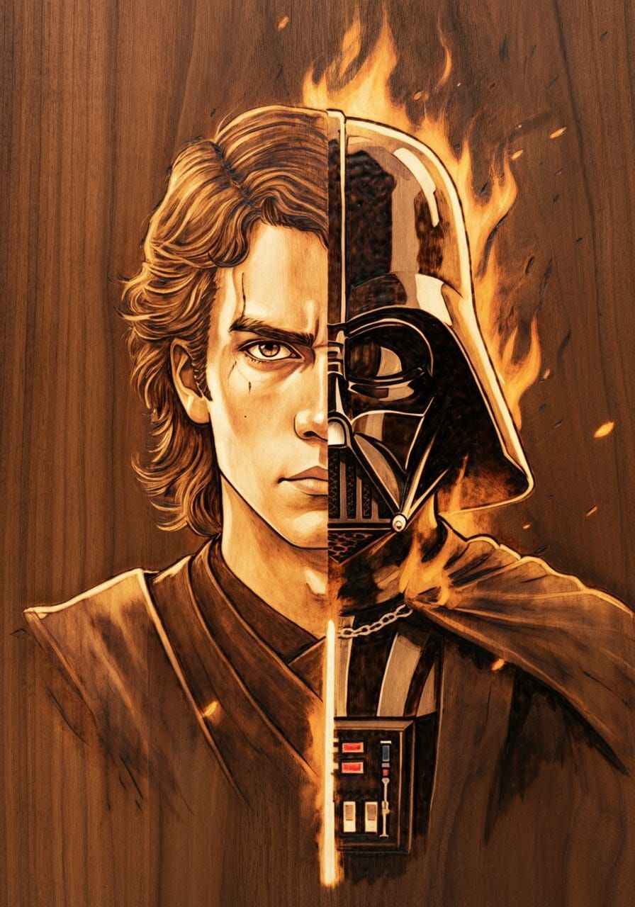 Wood Pyrography Portrait: Jedi to Sith Transformation