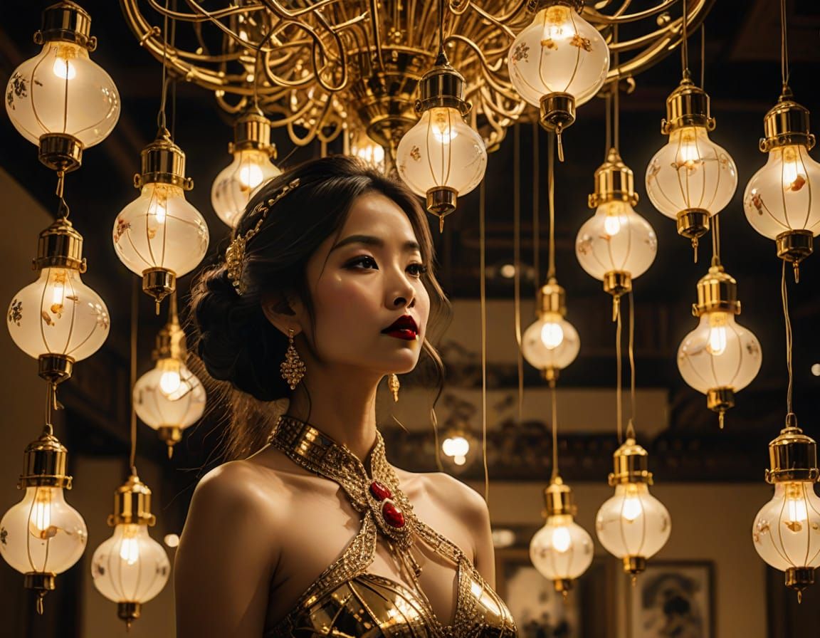 Dreamlike Woman under Chandelier in Indian Ink Style