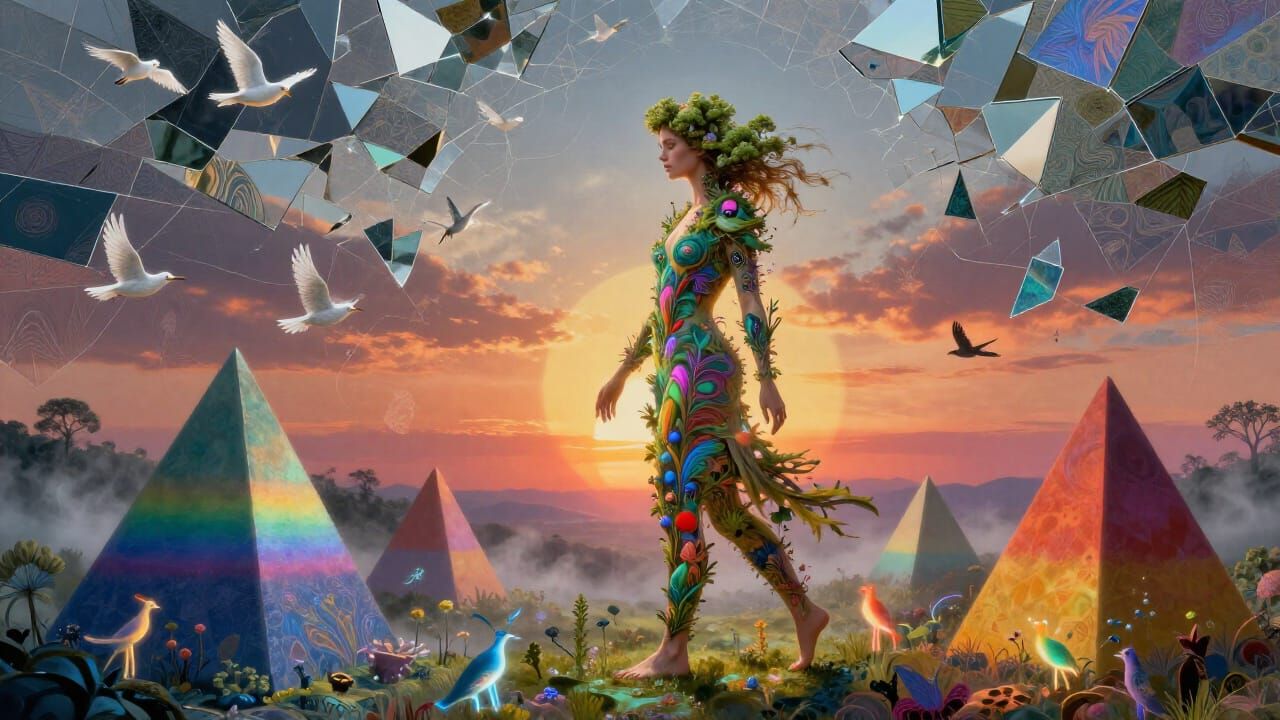 Woman of Light and Nature Walks on Prism Landscape