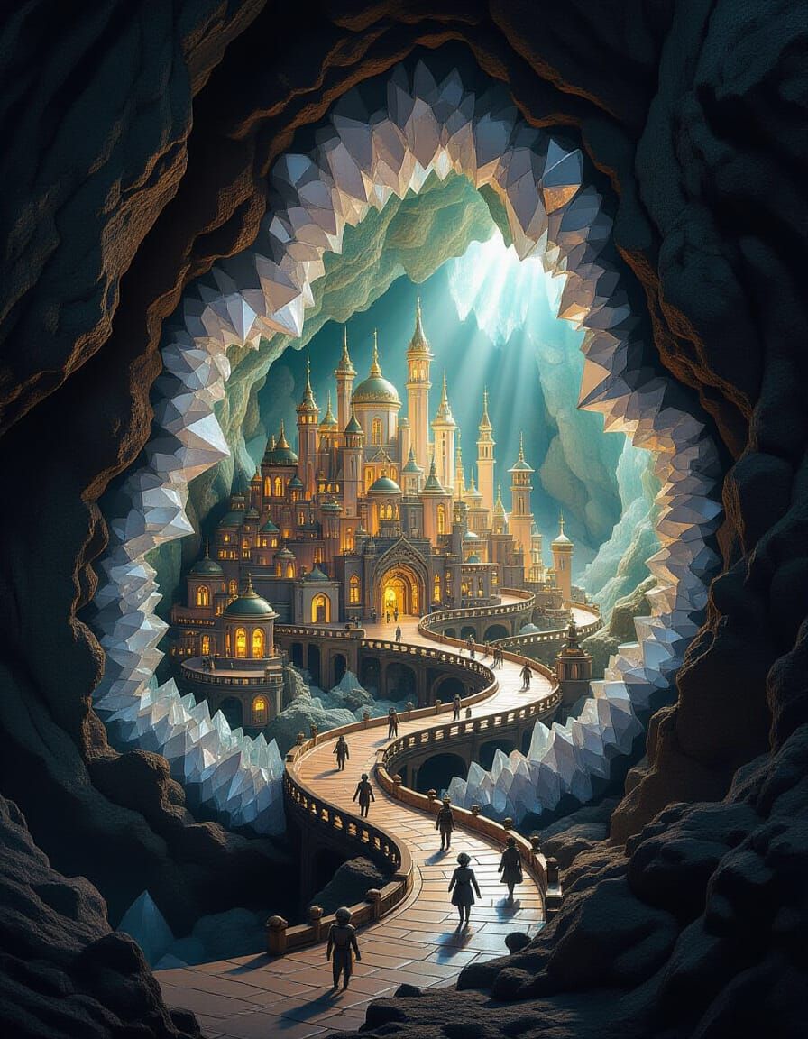 Miniature Clockwork City Inside Geode, Whimsical Fantasy
