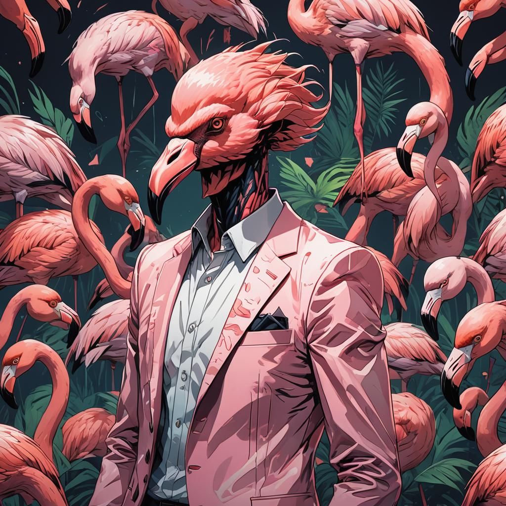 Flamingo Man Hybrid Portrait in Anime Style