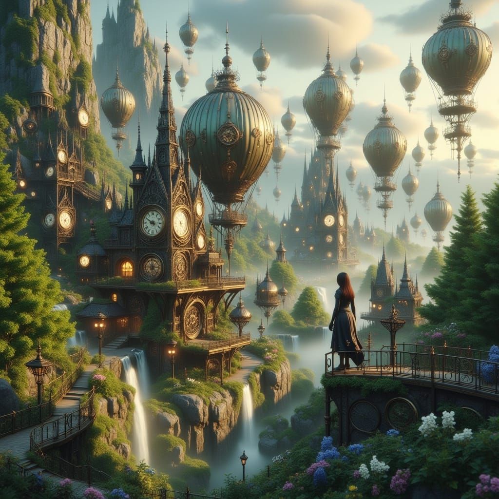 Steampunk Woman with Dog in Hot Air Balloon