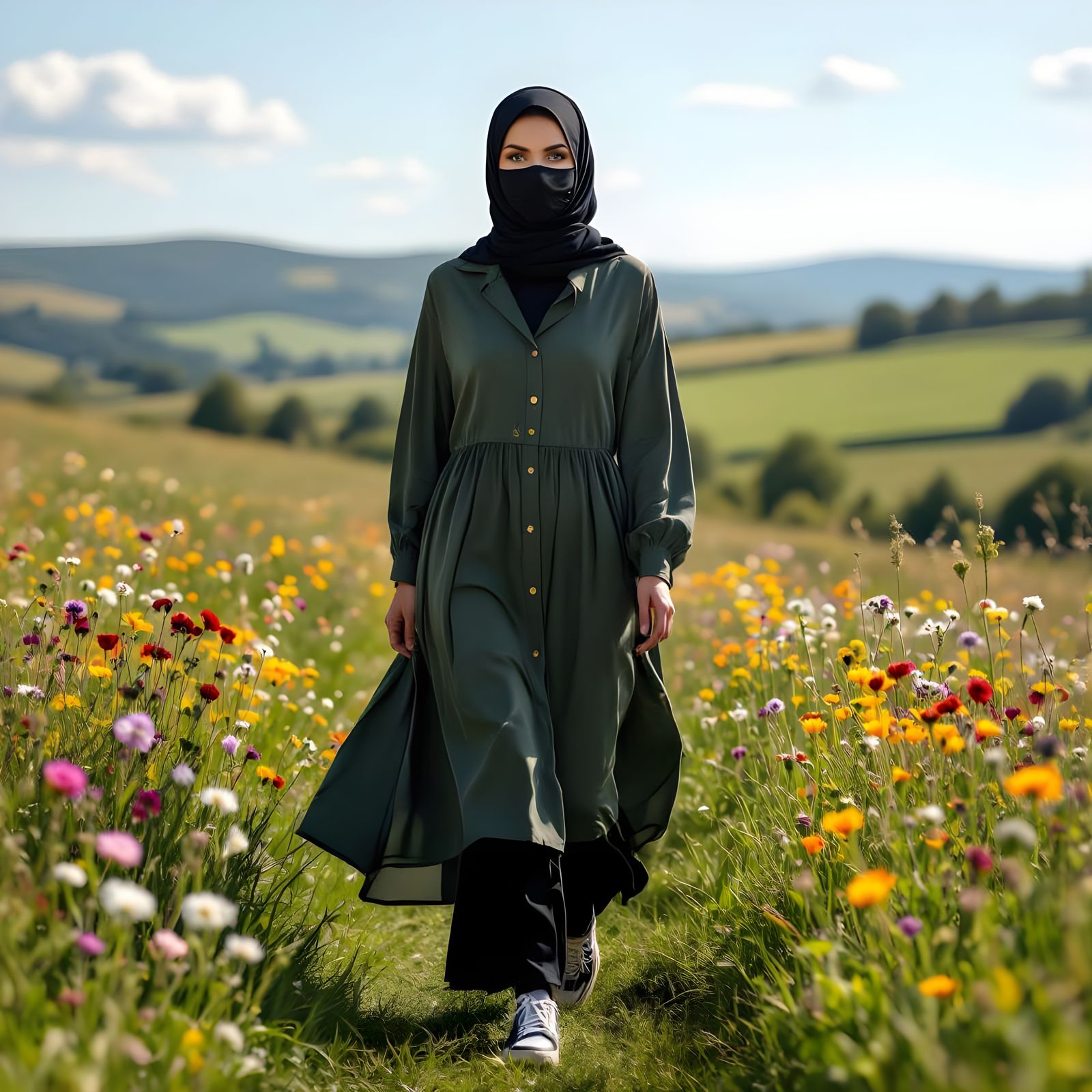Woman in Hijab Walking Through English Landscape