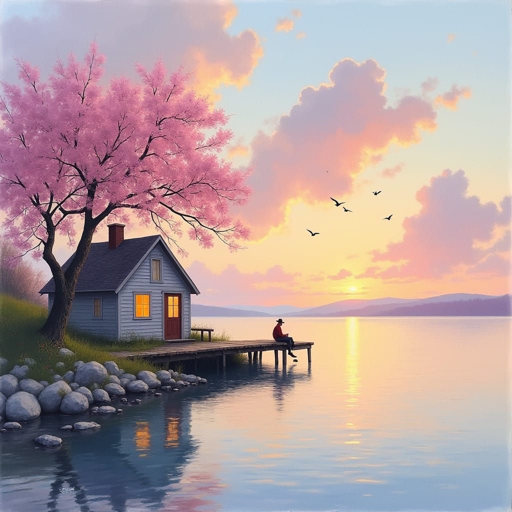 Tranquil Lakeside Cottage in Soft Watercolor