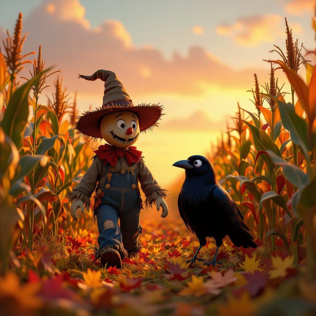 Scarecrow and Crow Best Friends in Autumn Cornfield