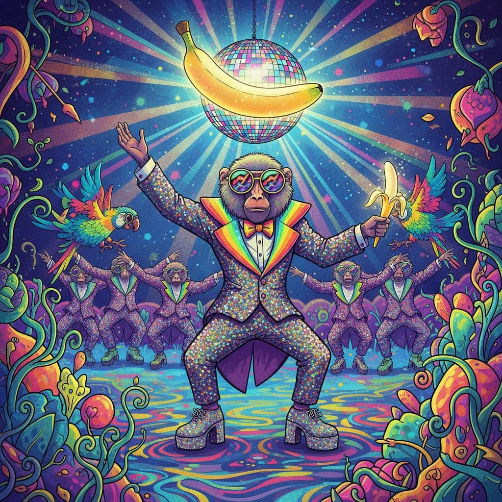 Baboon Disco King in Surreal Jungle