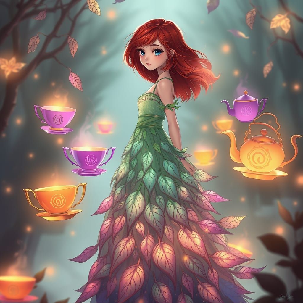 Girl in Iridescent Leaf Gown with Whimsical Teacups