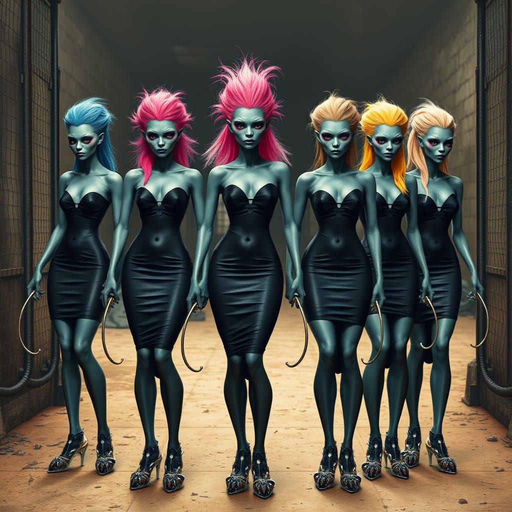 Grey Skinned Alien Ladies in Black, Standing at the Entrance...
