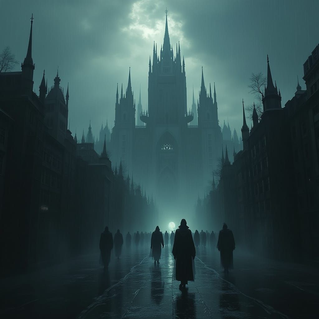 Gothic Metropolis in Twilight Under Stormy Skies