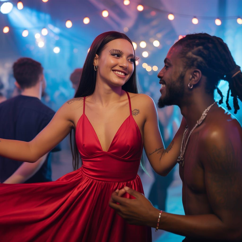 Joyful Dance Floor Moment: Woman in Red Dress and Dreadlocke...