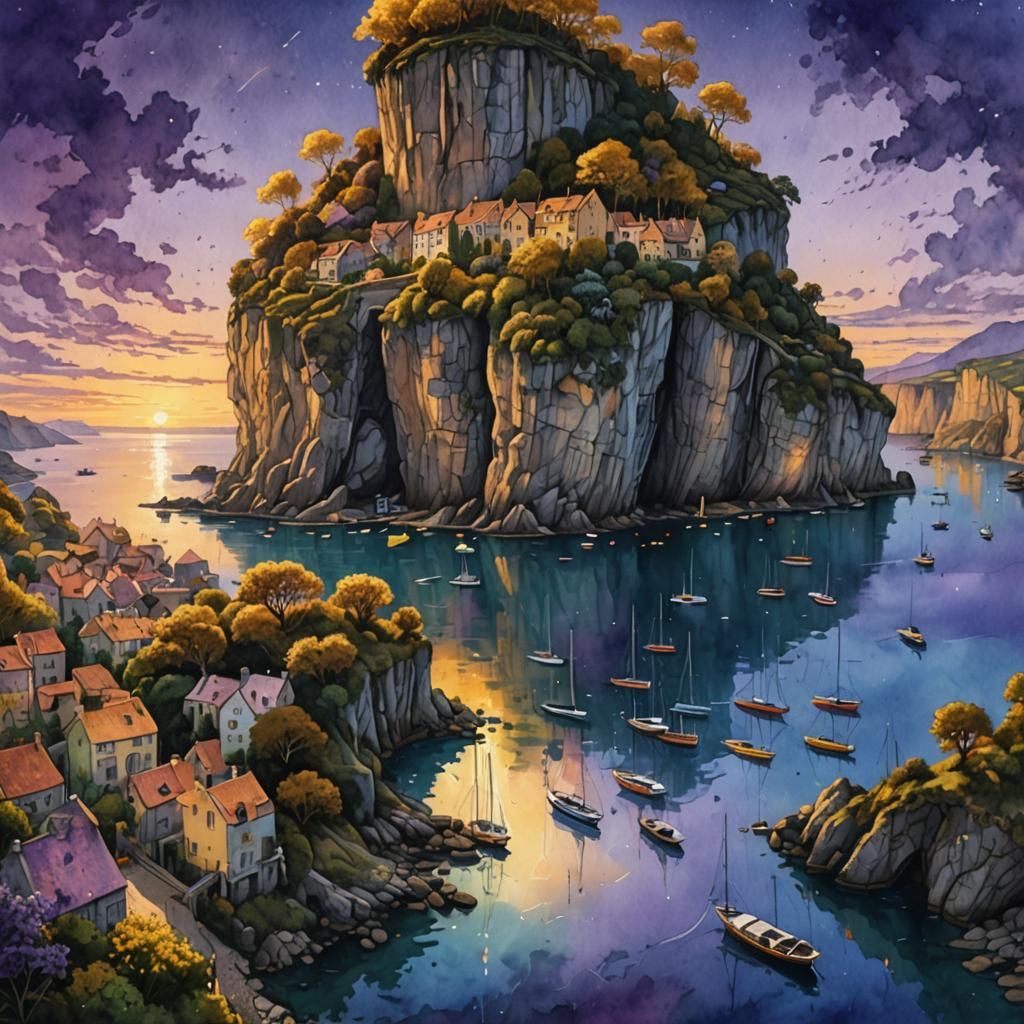 Majestic Sunset Harbourscape in Watercolor Style