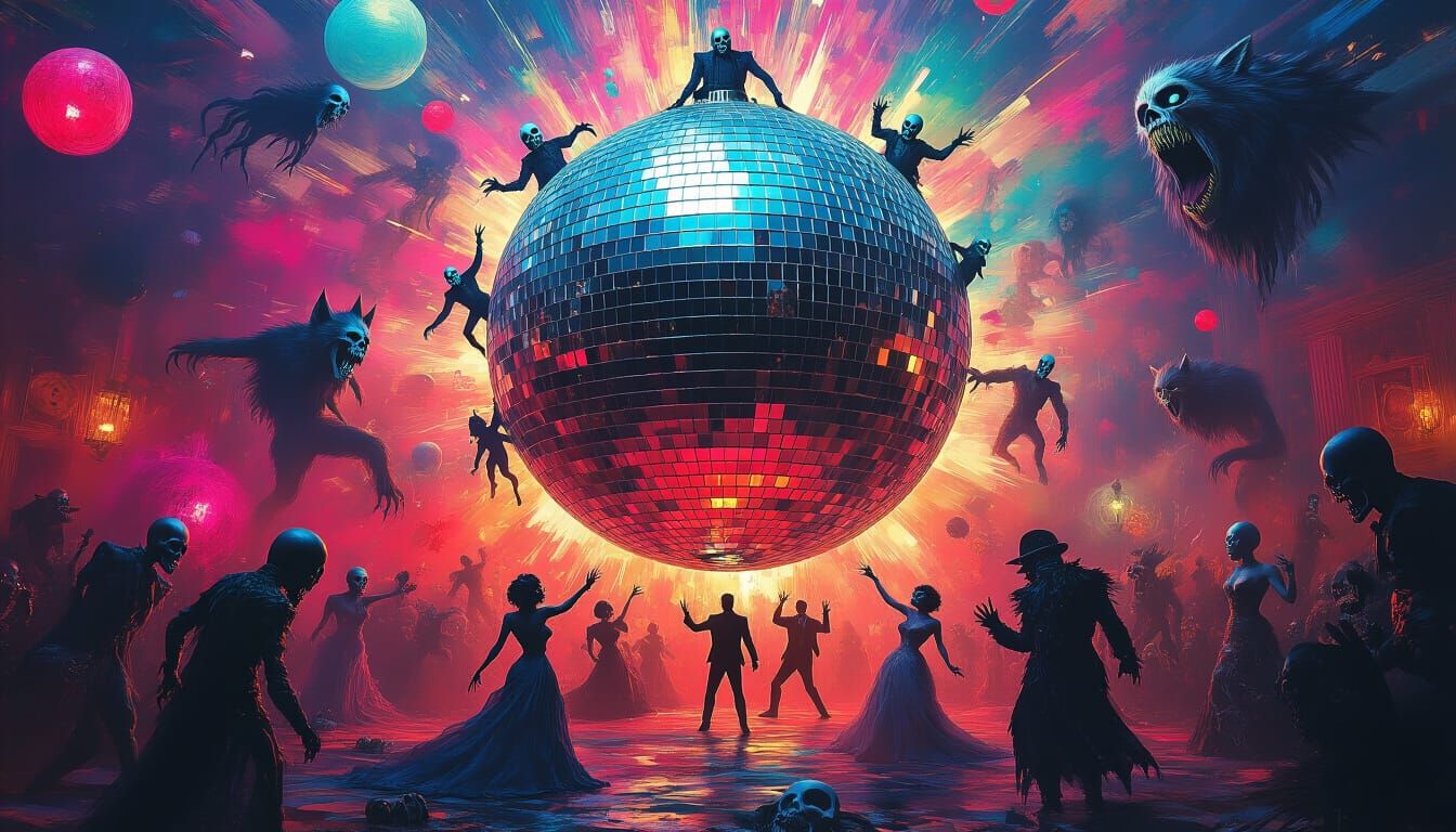 Vibrant New Year's Disco Ball with Spooky Creatures