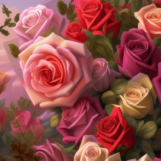 Colorful Roses Bouquet in Detailed Matte Painting
