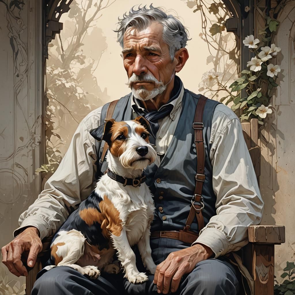 Old Farmer with Fox Terrier: Detailed Portrait